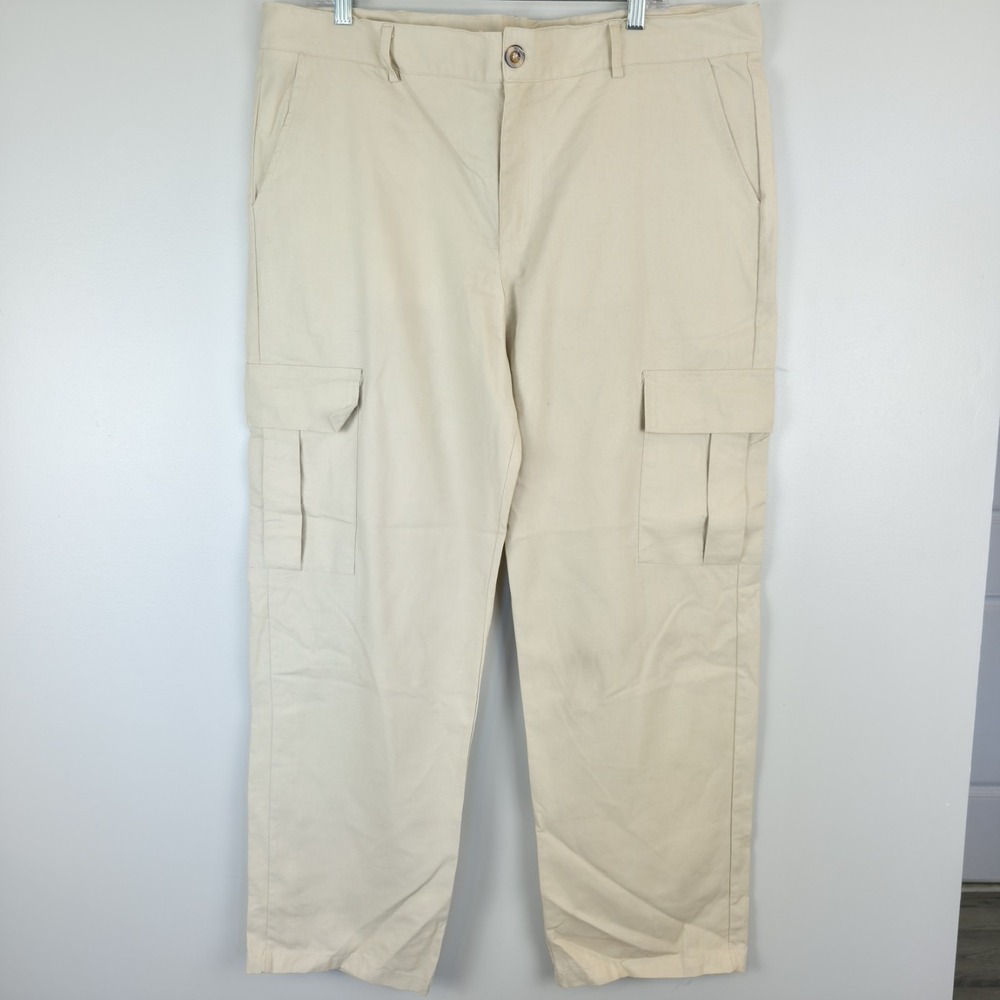 Ouku‎ Beige Cargo Pants Mens 2XL  Linen Cotton Blend Straight Leg.E140